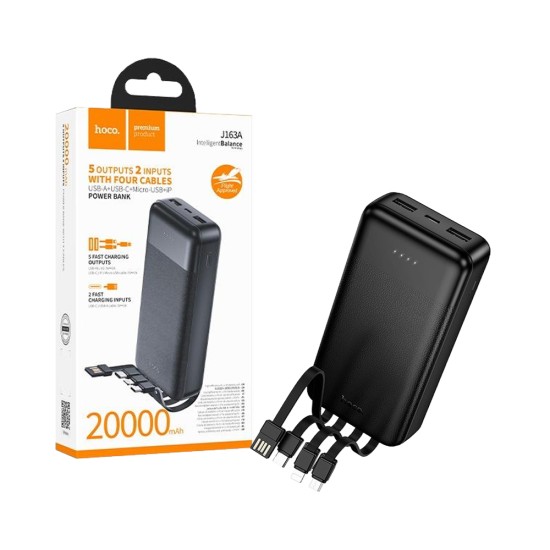 Hoco Power Bank J163A Wonderful with USB Port+Micro+Type-C+Lightning Cable 20000mAh Black